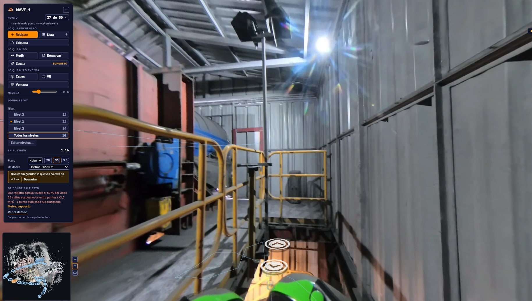 PAIR 360 walkthrough inside an industrial building: walkway with yellow railings, machinery, the level panel on the left and the point-cloud minimap.